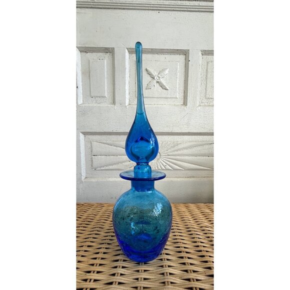 Vintage MCM Rainbow Art Glass Blue Crackle Decanter Bottle Flame Stopper - Picture 1 of 13